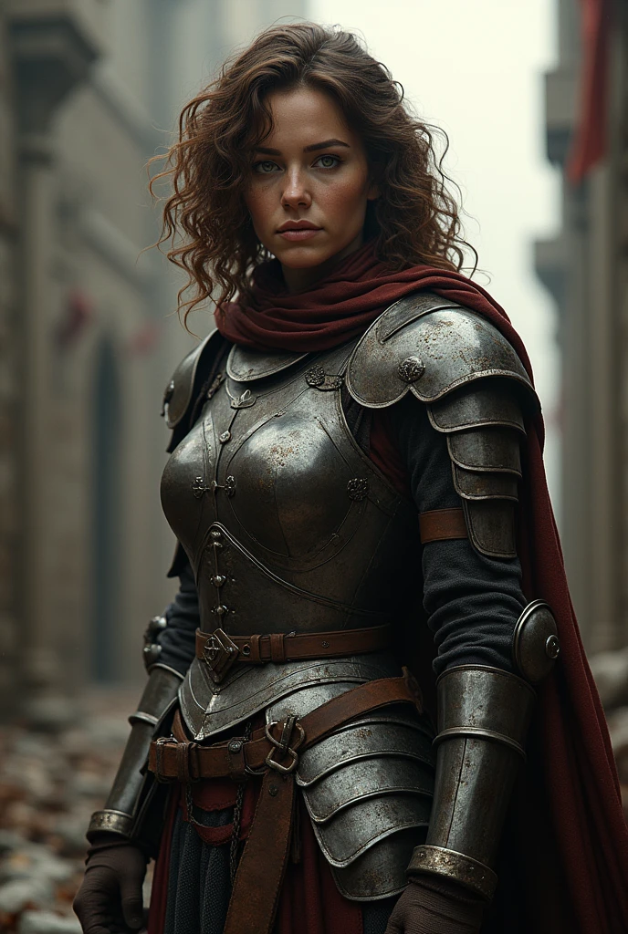 A medieval warrior woman with medium length curly hair, with brown color