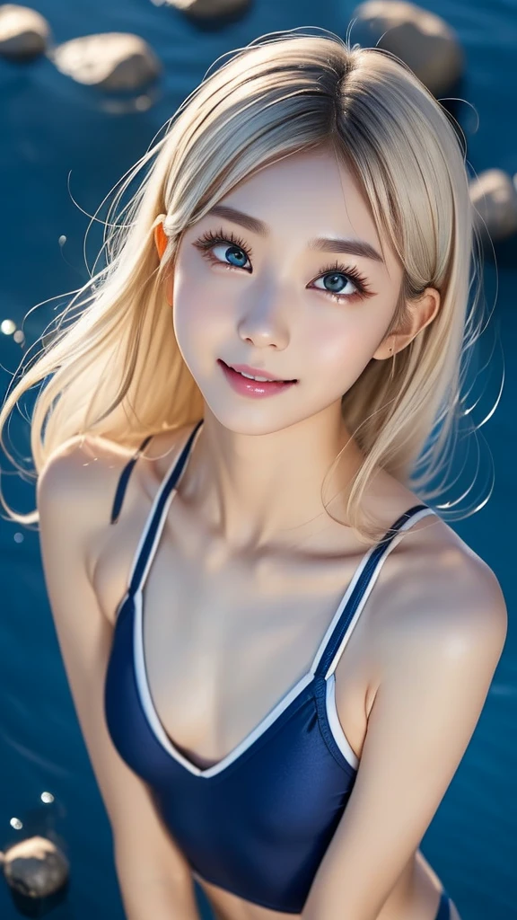 ((sfw:1.5)),((sfw:1.5)),((sfw:1.5)),((sfw:1.5)),((from above:1.5)),((Upper Body:1.5)) Korean Asian r Photos、((Beautiful and cute idol girl:1.5))、Platinum Blonde Hair、11yo,Naow eyes:1.5、Thin face、Thin neck、((Slim body)),((skinny):1.5),((Flat chest:1.5)),((clavicle)),((Narrow eyes:1.5))、(Thin arms)、(Thin neck)、(Thin lips)、A small smile、Thin arms、(Dark blue school swimsuit:1.5)、littlesmile,