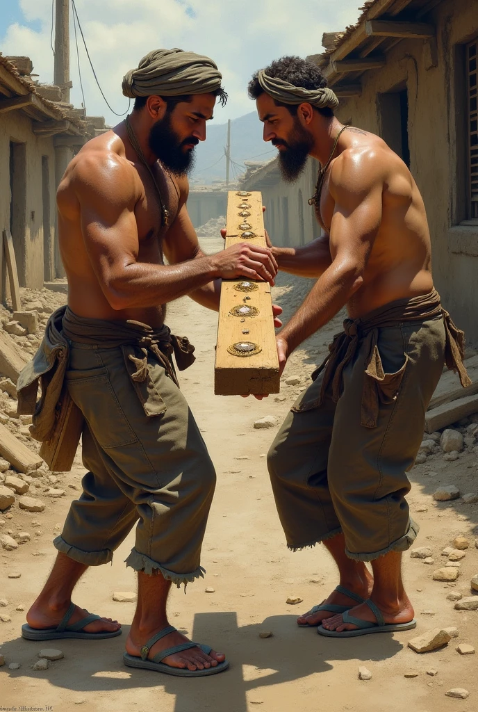 two man drawing, carrying wooden plank and giving jewelry 