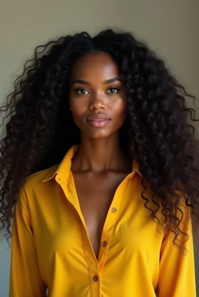 Here is the translation of your sentence into English:
"Beautiful perfect mulatto, with a lovely indigenous appearance, with beautiful black eyes, very long curly hair, wearing a yellow shirt."