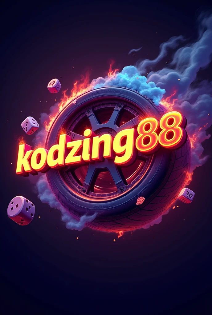 Design the logo “KODZING88” about gambling. The hot colored letters are in the middle of the burning car wheels. Around them are dice and playing cards. The background is purple and blue.