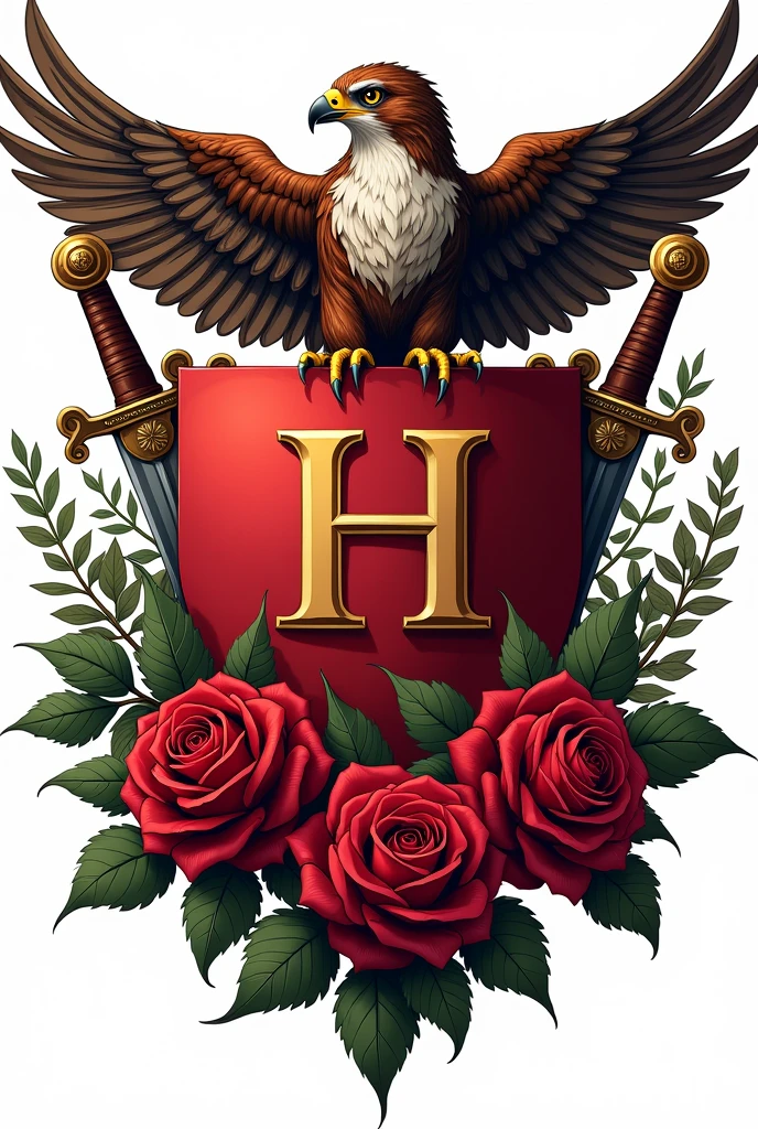 Create a shield for a school called las rosas. One, put a falcon in the center, two, emphasize the letter h above the falcon, three, add swords to the shield, four, below, put roses with thorns, and five, add the small signs of Gemini and Taurus to the sides of the falcon.