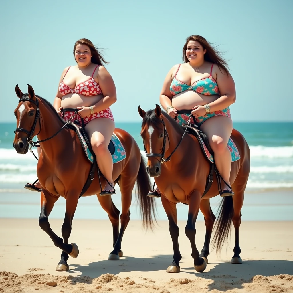 Two plus size model women have a lot of fat on their stomach and buttocks and weigh 200kg, they gained weight by eating too much, they are brown haired obese women with very big stomach and buttocks, they are plus size models and their whole body is covered with a lot of fat, they are wearing colorful swimsuits and riding horses on the beach, 4K quality