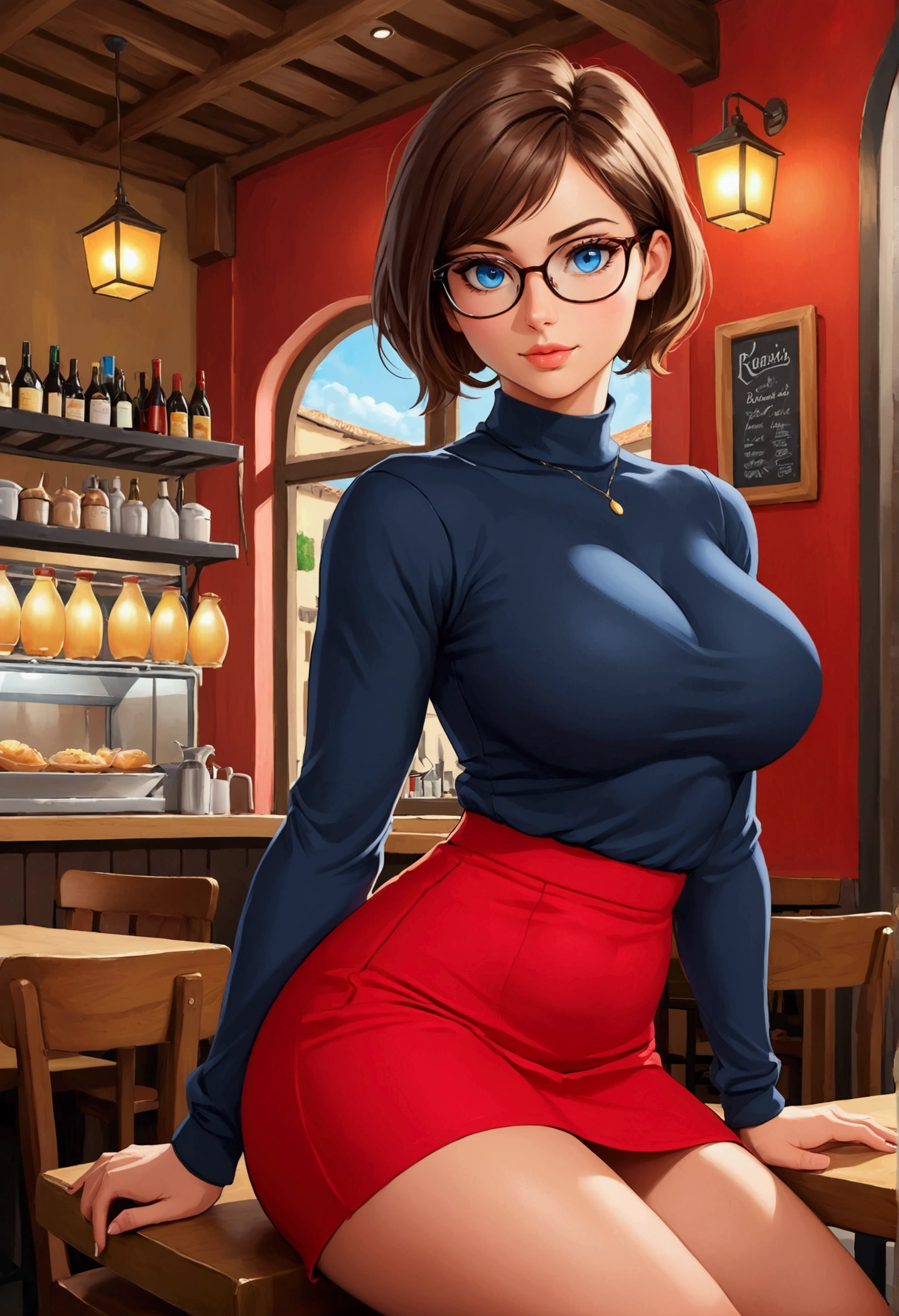20 years old woman, Short brown hair, Mediterranean with blue eyes, Generous and heavy breasts, slender waist, definition of l'estomac, fesses rebondies et pulpeuses, naturally curved, muscular thighs, aguicheuse , blue eye, lunettes, assise dans un restaurant, red mini Skirt, black blouse, at night