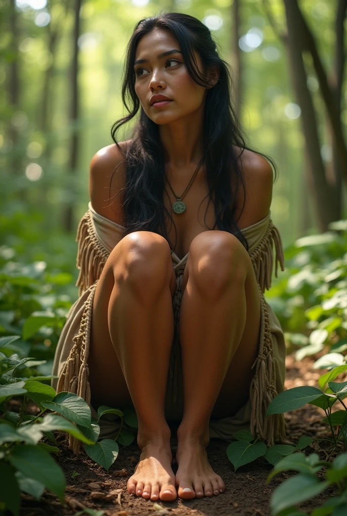 (photorealism 1:2) full body indigenous woman, in the woods . show this woman&#39;s feet. Feet on the ground. natural beautiful. no detail in the clothes, only leaves. looking to the side and facing forward 