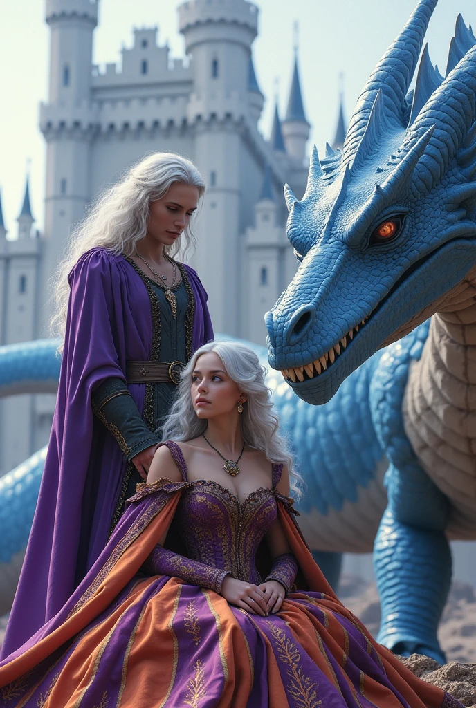 Woman in purple and orange medieval dress. Woman with silver-white wavy and curly hair and dark violet eyes, woman sitting next to her light blue dragon, huge and fierce dragon, Dragon with green eyes. Zoom in on the woman.
Gigantic and majestic castle in the background. Castle with white stones. blue Dragon. Dragon with sky blue scales.
Man next to woman. Man with long silver-white hair, purple medieval clothes and a giant purple dragon next to the man