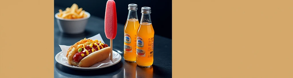 A realistic photo of a food stand displaying small plastic bottles of orange soda, like the ones in the image, alongside a bright red popsicle, a hot dog with ketchup and mustard, and a serving of nacho chips. The items are neatly arranged on the counter, with soft lighting highlighting their details.