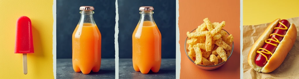A realistic photo of a food stand displaying small plastic bottles of orange soda, like the ones in the image, alongside a bright red popsicle, a hot dog with ketchup and mustard, and a serving of nacho chips. The items are neatly arranged on the counter, with soft lighting highlighting their details.