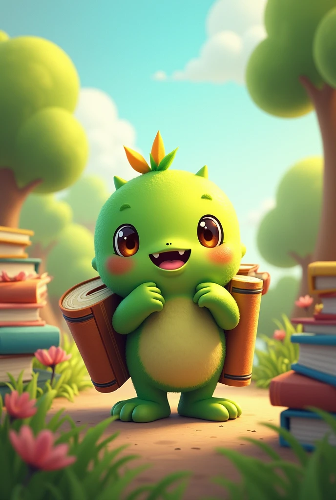 Mascot for a collecting monsters game 
Green
Books in it's body
Cute
Pokemonish