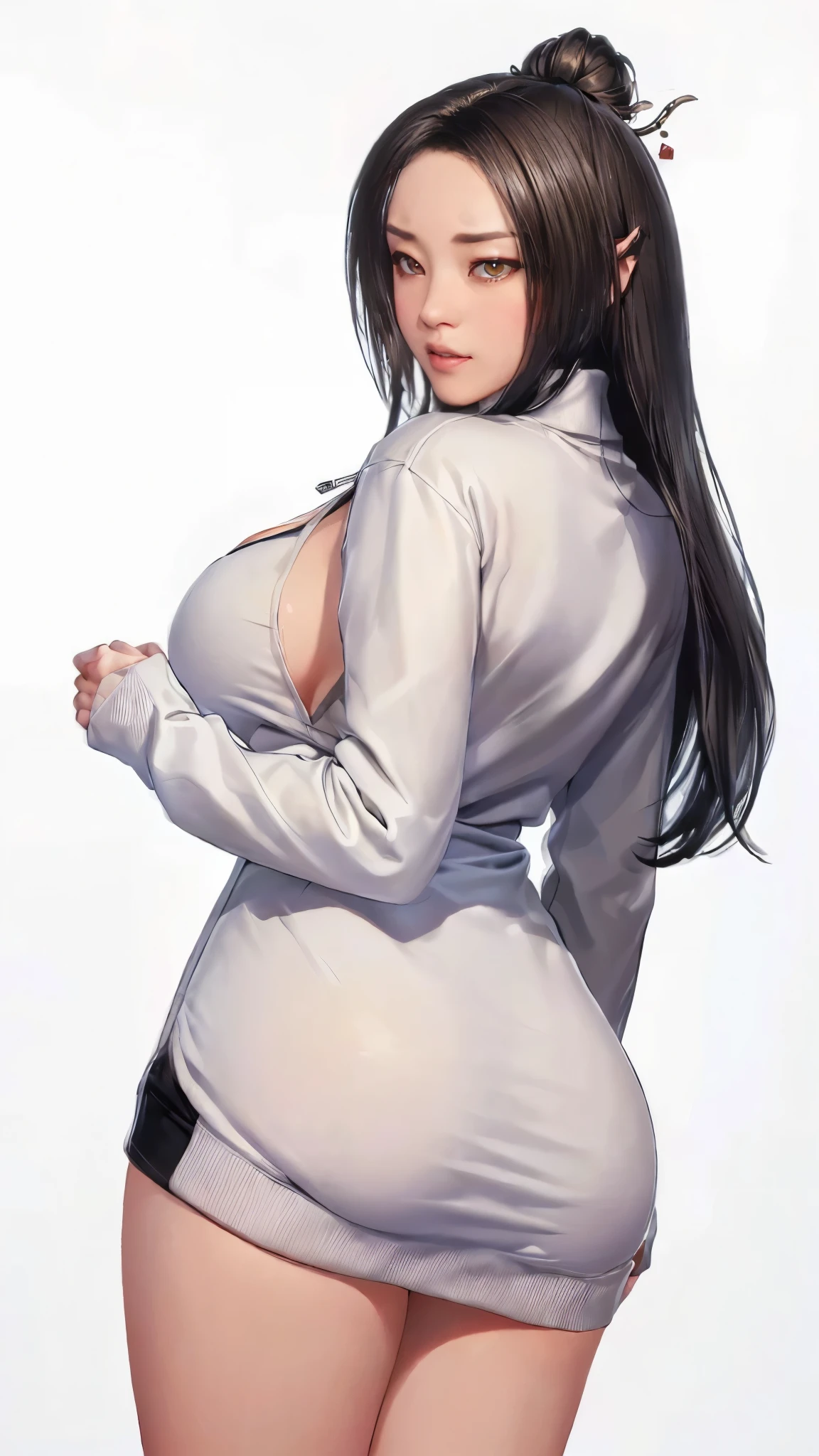 (（（Perfect body,（（（ruanmei fashion , winter ruanmei fashion，dress，Sweatshirt Jacket）））,（（（Black long hair））），((masterpiece)),high resolution, ((Best quality at best)),masterpiece,quality,Best quality,（（（ Exquisite facial features,Looking at the audience,There is light in the eyes,Smile））），From the back）））,（（（Light and shadow,Big breasts，）））,（（（Looking at the camera,White background,)））)