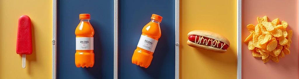 A close-up, photorealistic shot of a food stand counter showcasing small plastic bottles of orange soda, a vibrant red popsicle, a hot dog with condiments, and a pile of nacho chips. The bottles have clear labels and are placed prominently, with the other items arranged around them in an inviting way.