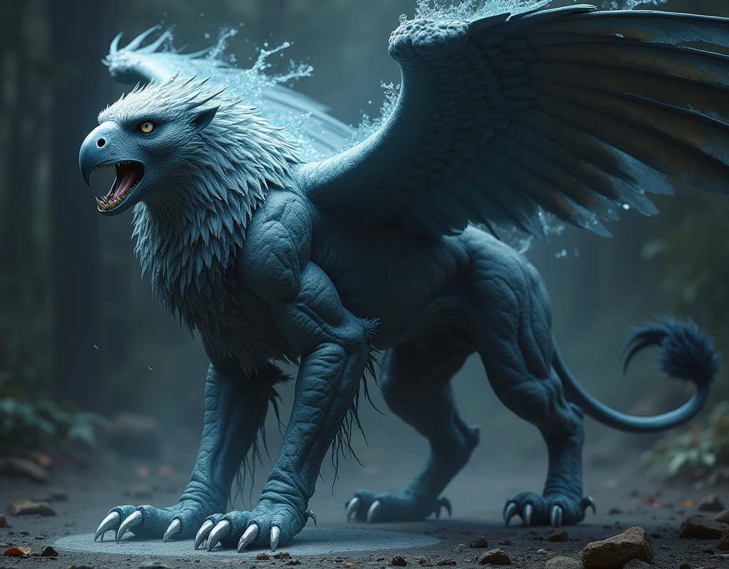 A mystical creature with the front half of an eagle&#39;s body with a water face, water spout, eagle claws and paws, feathers and wings, from half of the body back is a lion, with powerful lion hind legs, lion's claws, lion&#39;s trunk and lion&#39;s tail, Enigmatic look, mysterious ambiance, threatening scenario, work of art, Terror, detailded, realisitic.