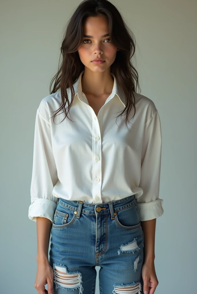 Dafne Keen wearing dress shirt with ripped jeans