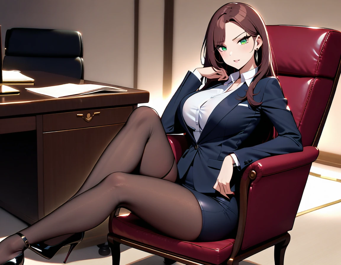 A sultry, dimly-lit boardroom. The CEO, a stunning evil MILFs with piercing green eyes, sits confidently behind her polished mahogany desk. Her curves are accentuated by the tight, black business suit as she gazes intensely at the young investigator, her voice husky and persuasive. She reclines slightly in her chair, one stiletto-clad foot tapping impatiently on the floor. The air is thick with tension as she attempts to seduce him into betraying his mission.