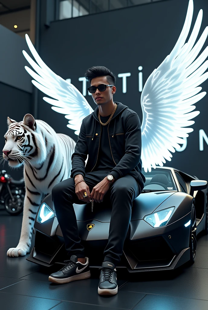 Create a 3D illusion for a profile picture where a 2 smart boy in a sunglasses white and black dress Sitting on a Lamborghini. With a White neon light cars Keys on hand. And a ferocious White neon light black Tiger by my side. Wearing sneakers, he looks ahead. The background features Toni king” in big bikes room and capital White neon light fonts on the black wall. There should not be his shadow, and there are wings to make it appear as if he is an angel