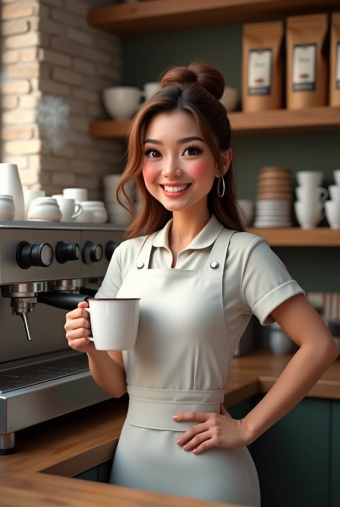 Feature a barista in a cozy coffee shop, smiling warmly while holding a white 11 oz mug in one hand. The background should include an espresso machine and shelves with cups and coffee beans, creating a warm and inviting atmosphere.
