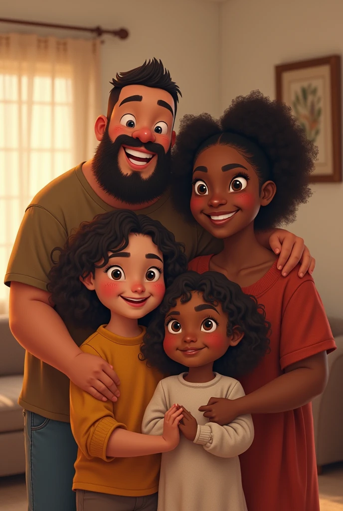 Create an image of a family of 4 people, 2 fathers and 2 girls, a 9-year-old and a 7-year-old and their 3 parents, The father is tall and chubby and the mother is dark-skinned and of medium height.; The 9-year-old girl looks like her father and the  looks like her mother. The mother&#39;s hair is wavy and she looks Latina. The father doesn&#39;t wear a beard and the  girl is chubby.