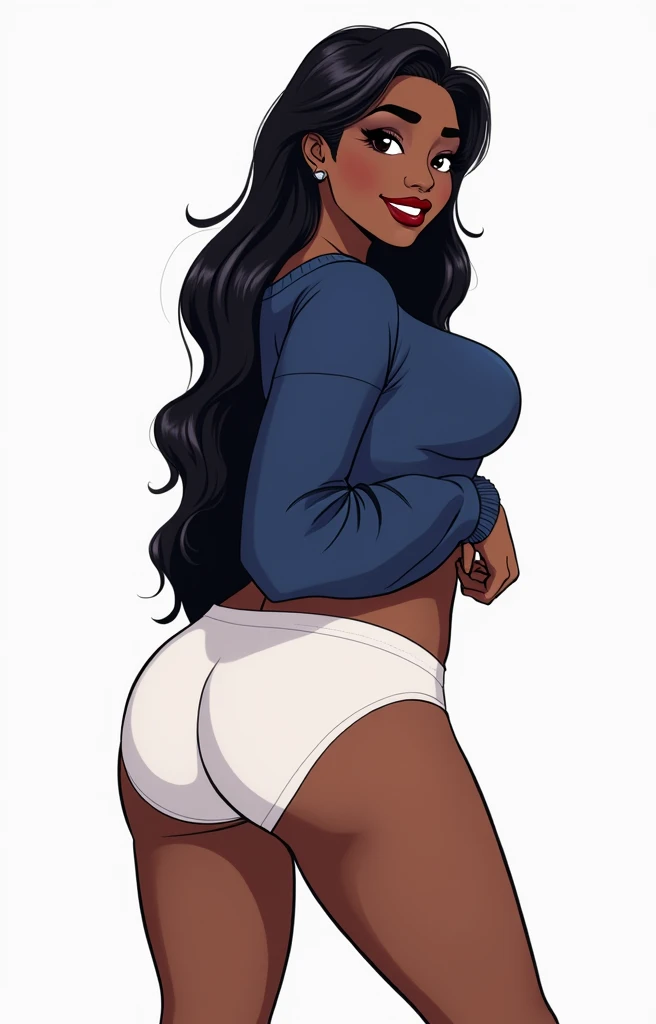 (masterpiece, best quality)), ((((perfect anatomy)))), Heavyset black woman with long black hair, dark eyeshadow, dark red lipstick, blue sweater, (((big white cotton panties))), big booty, smiling, (((comic book art style)))