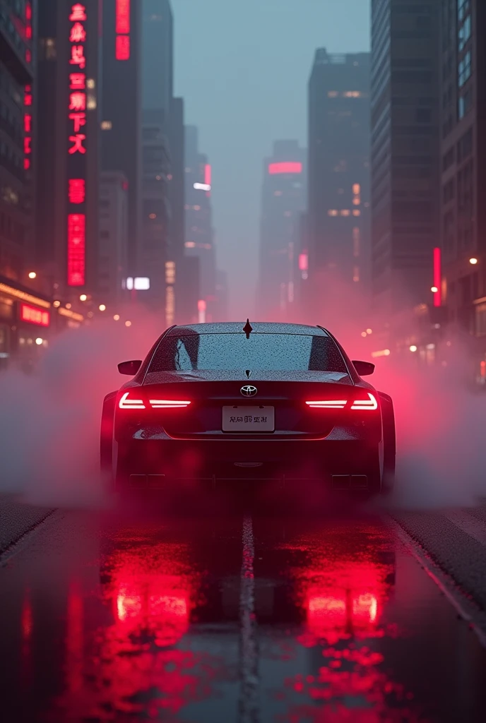 Toyota crown athlete from rear at night in ghost mode fog Cyber city with red lights