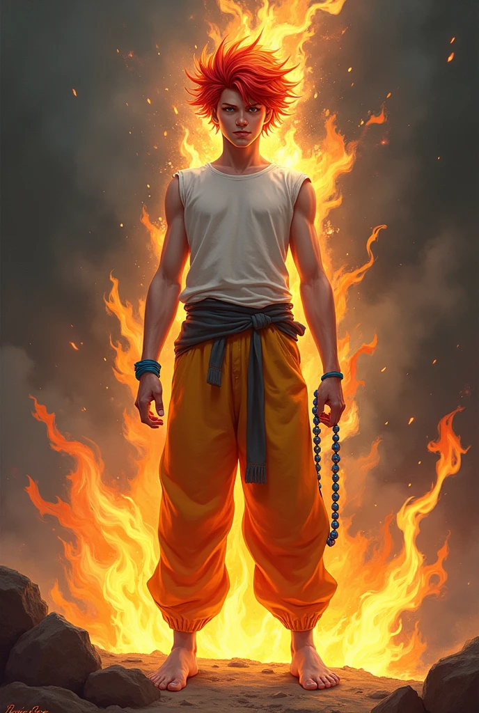 Ignifer is a tall, pale-skinned boy with flaming red hair and an intimidating aura. He wears a white t-shirt with the sleeves cut off and loose yellow and orange cotton pants. He appears barefoot and has small flames of fire around him. On his left wrist he carries a bright, light blue rosary that wraps around his entire arm.