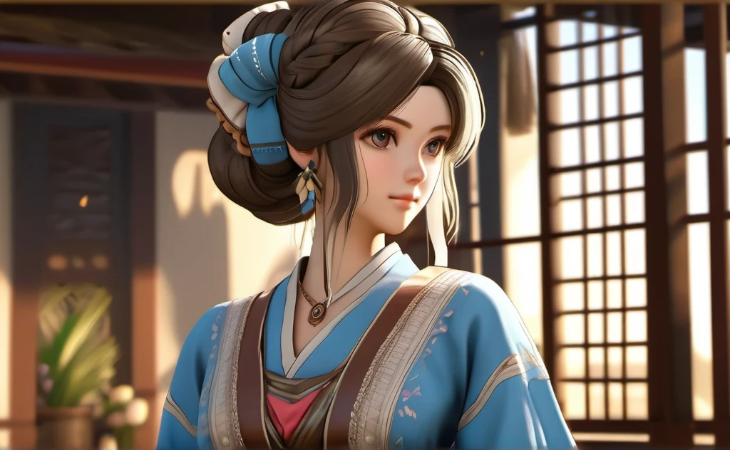 a poor woman named mai valentine, 2, sat in a cloth shop, ancient times, well clothed, 3d, realistic anime character, extremely detailed face and eyes, intricate details, photorealistic, cinematic lighting, dramatic shadows, beautiful blue eyes, delicate facial features, elegant hairstyle, detailed clothing, warm colors, masterpiece, 8k