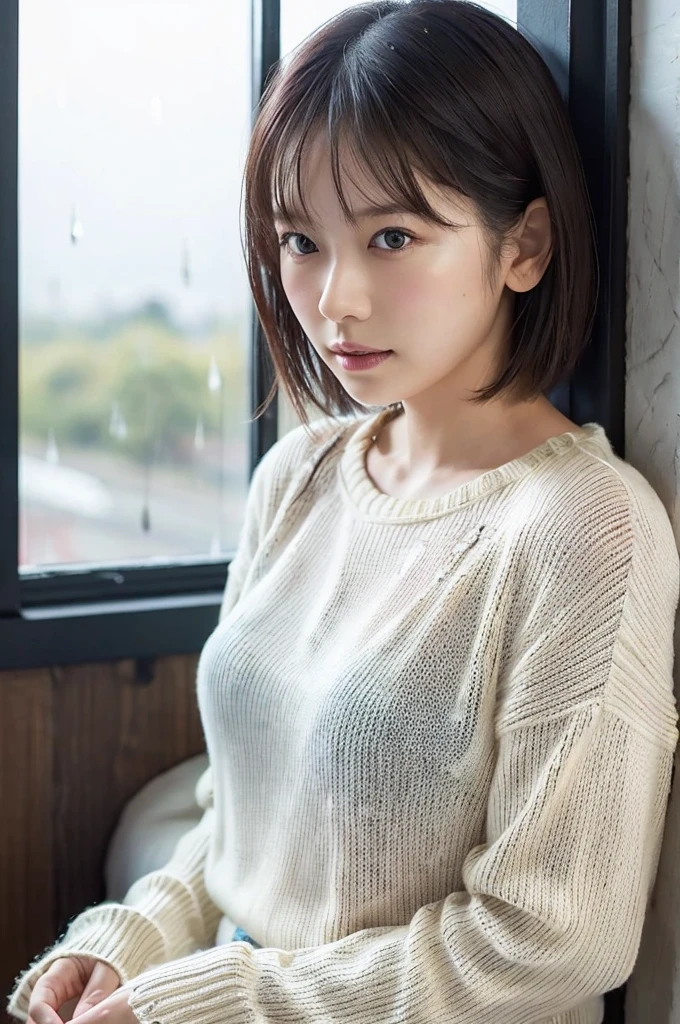 1 girl, (Wearing a white summer sweater:1.2), Very beautiful Japanese idol portraits,
(RAW Photos, Highest quality), (Realistic, Realistic:1.4), (masterpiece),
Very delicate and beautiful, Very detailed, 2k wallpaper, wonderful, finely, Very detailed CG Unity 8K 壁紙, Very detailed, High resolution, Soft Light,
Beautiful detailed girl, Very detailed目と顔, Beautiful and sophisticated nose, finelyて美しい目, Cinema Lighting,
(I am doing gravure shoots for fashion magazines..:1.3), (indoor), (Looking out the window on a rainy day:1.3),
(short hair),
Complete Anatomy, Slender body, Small breasts,