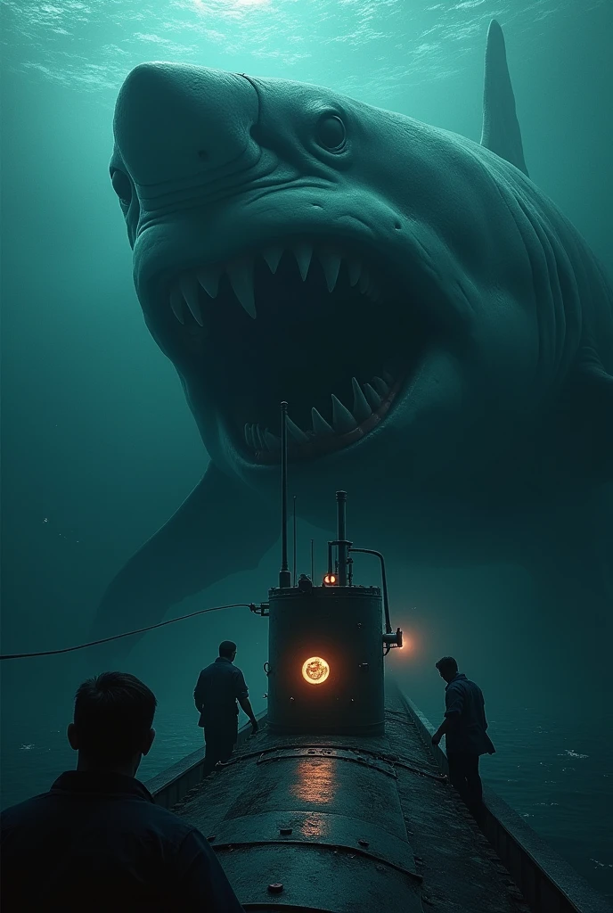 Submarine was in dark and deep sea that time big shark was visible in the sea coming to attacks the submarine people fear faces