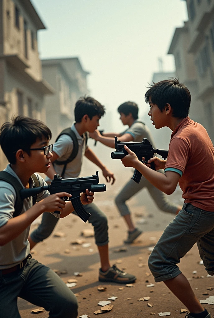 Four boys in pubg three with glasses and one is healthy fighting