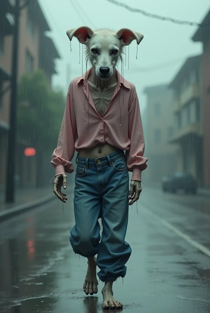 A bony white dog crying, dressed in a pink blouse and blue jeans, walking alone in the rain
