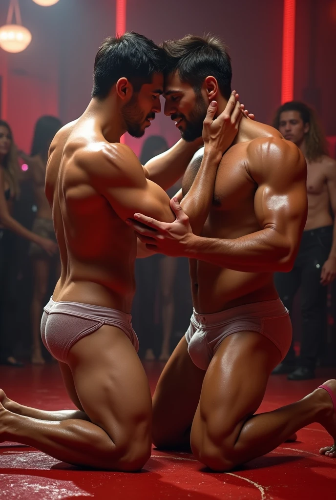 2 muscular men lying on the floor naked wrestle where one hand is groping the other's penis , fully nude, handsome, one asian , one European , sensual, on a strip club, drooling audience, aroused penis, showing penis, transparent outfit, see-through wet plastic thong , handsome , big scrotum, erect penis, bulbous ass, bulbous penis tip , big bulge