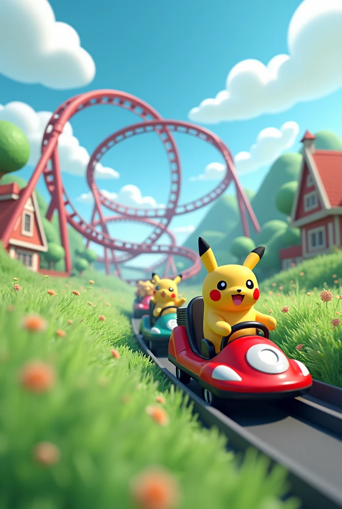 3d modeling poster, an oversized roller coaster rushing out of the scene, super perspective, empty Pokémon on a roller coaster , through the grass, cartoon buildings in the background, light blue sky, white clouds, c4d, oc renderer, high definition 
