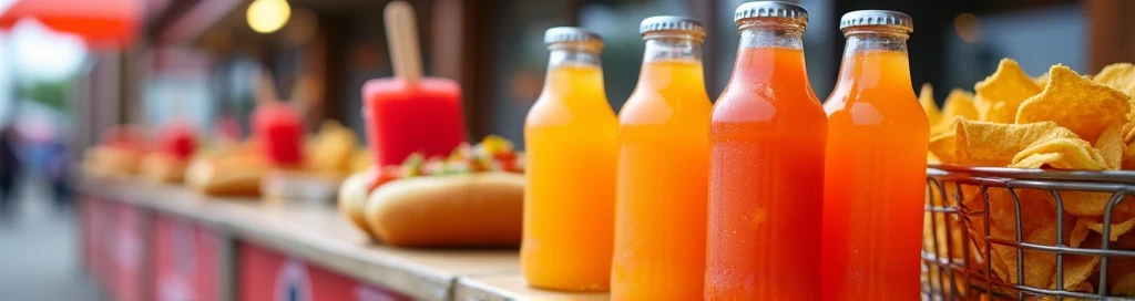 A dynamic photo of a food stand at a fair, with a close-up of the counter displaying small plastic bottles of orange soda, a bright red popsicle, a hot dog with toppings, and a stack of nacho chips. The small bottles are the focus, with the other items arranged to complement them, creating a fresh and appetizing scene.