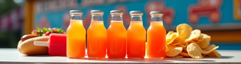 A dynamic photo of a food stand at a fair, with a close-up of the counter displaying small plastic bottles of orange soda, a bright red popsicle, a hot dog with toppings, and a stack of nacho chips. The small bottles are the focus, with the other items arranged to complement them, creating a fresh and appetizing scene.
