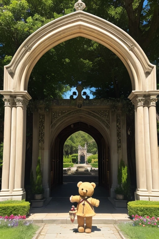 Gothic architecture、Wooden buildings、There is an archway and a path leading to the entrance. The garden has a fountain and flowers.、More of the whole thing please、Yellow and brown atmosphere、wood、Teddy bear walking、stuffed bear