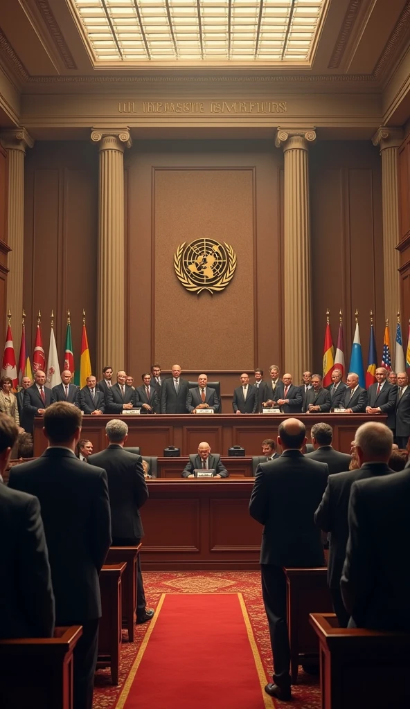 The creation of the United Nations: Delegates in formal attire at the founding conference of the United Nations, 1945, in a grand meeting hall, flags of member countries, hopeful atmosphere, photo realism -- ar 9:16