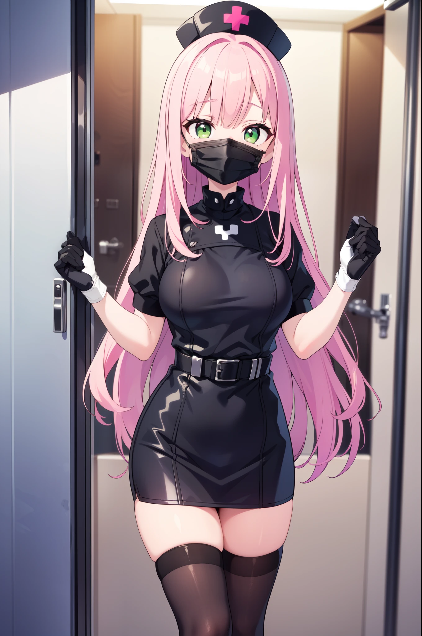 black nurse, 1woman, solo, black nurse cap, black nurse uniform, ((black legwear, zettai ryouiki)), black elbow gloves, long hair, purple hair, red eyes, ((black surgical mask, covered nose)), standing, ((surgery room)), sharp outline, short sleeves, mature female, 35yo, best quality, masterpiece