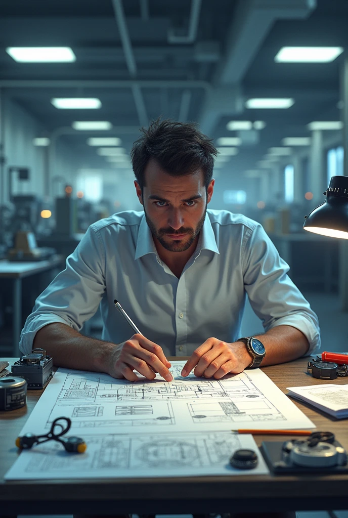 An electrical engineer is sitting behind a desk in a special clothing factory and working hard on paper 