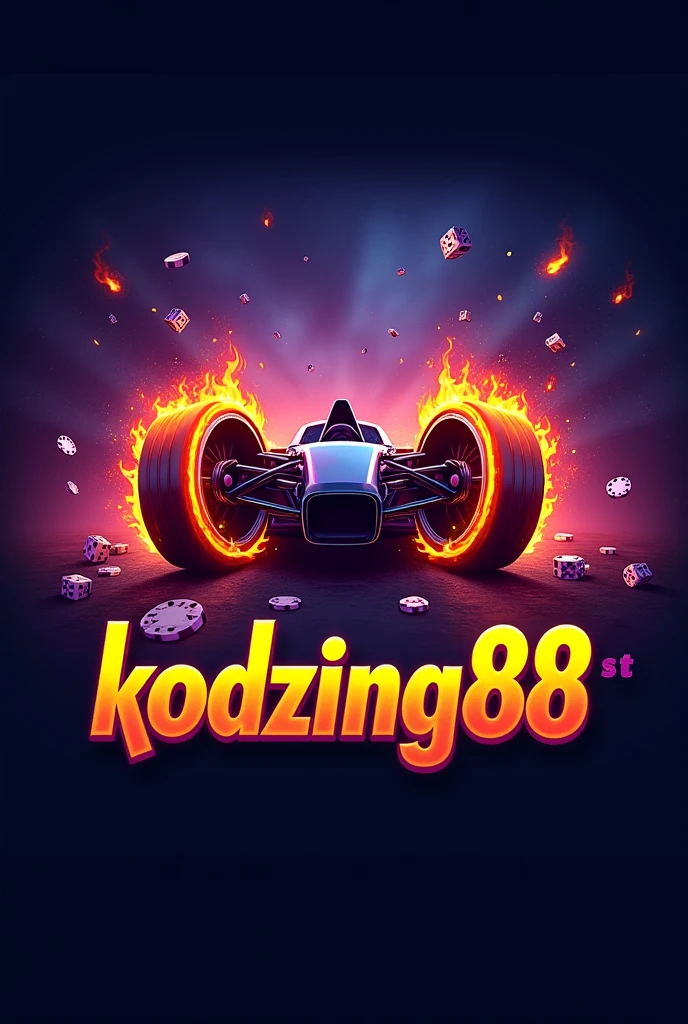 Design the logo “KODZING88” about gambling. Hot capital letters in the middle of burning car wheels. Surrounded by dice and playing cards. Purple-blue background.