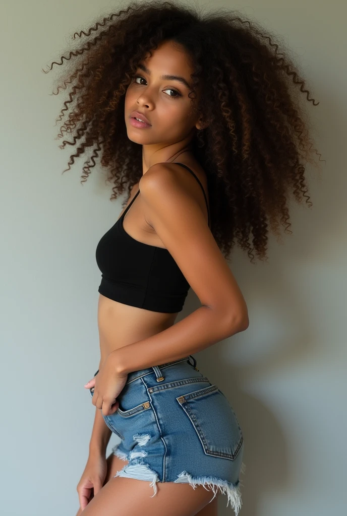 Photo of a beautiful tween curly haired Latina girl wearing crop top and jeans shorts, looking seductively at a camera, full body shot,
