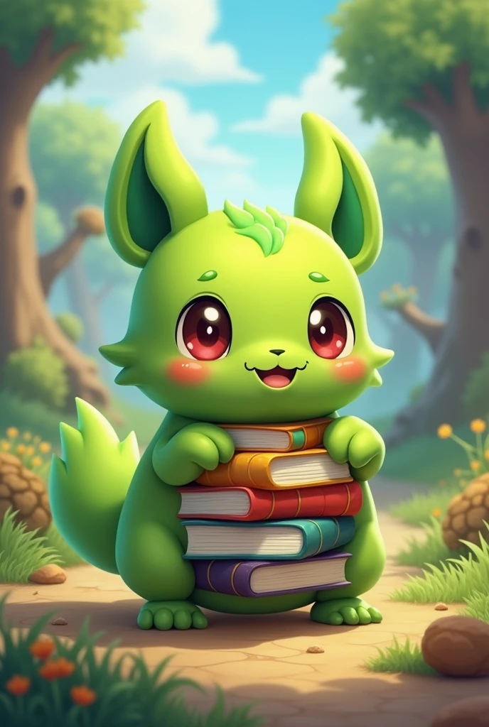 Mascot for a collecting monsters game
Green
Books in it's body
Cute
Kawaii
Iconic
Pokemonish