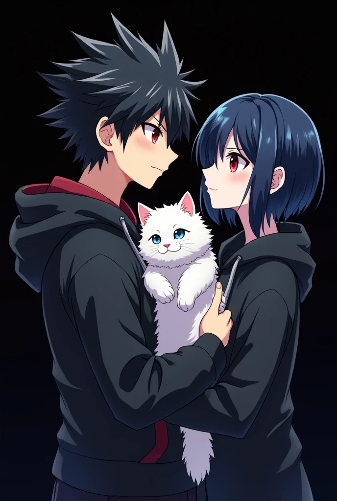 Anime boy ((( Spiky hair , black hair , black hoodie , red eyes , narrowed eye , carrying the cat ))) , cat (((white cat , fluffy cat , cute cat , cat with blue eye))) , Anime girl ((( dark blue hair , modern day mullet hair style , black hoodie , red eyes , almond eye ))) blank black background