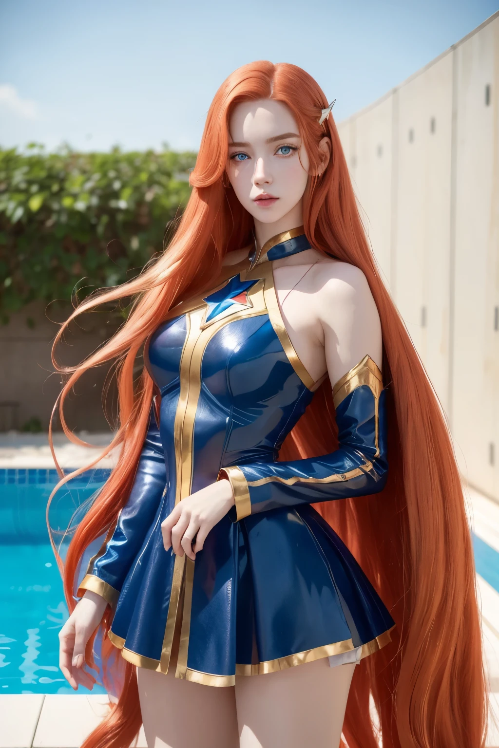 a one woman, long straight red hair, of the whole glass, perfectbody, muslos grandes, blue colored eyes, (Star Guardians Outfit), freckles on the face, face detailed, standing, Near a swimming pool, ray tracing, high resolution, super detaill, 8k, Overview