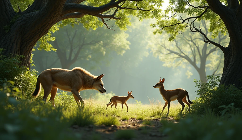 Jackals and lions hide in the bushes and a deer walks in front of them