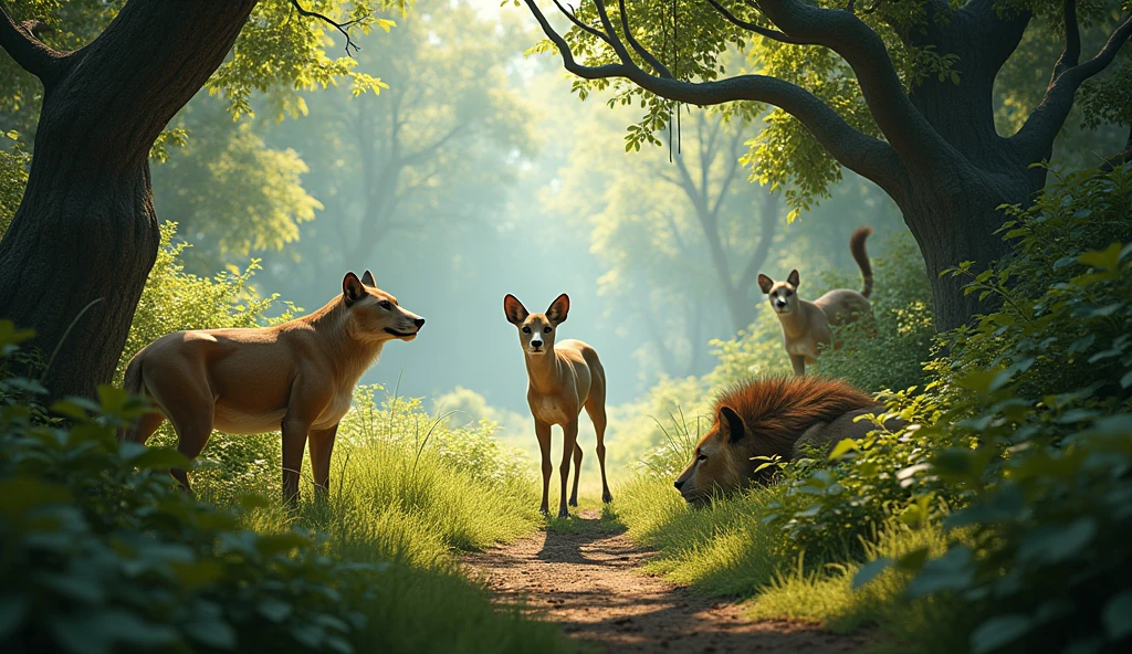 Jackals and lions hide in the bushes and a deer walks in front of them