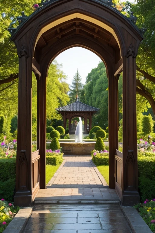 Gothic architecture、Wooden buildings、There is an archway and a path leading to the entrance. The garden has a fountain and flowers.、More of the whole thing please、Yellow and brown atmosphere、wood、Teddy bear walking、stuffed bear、Luxury House