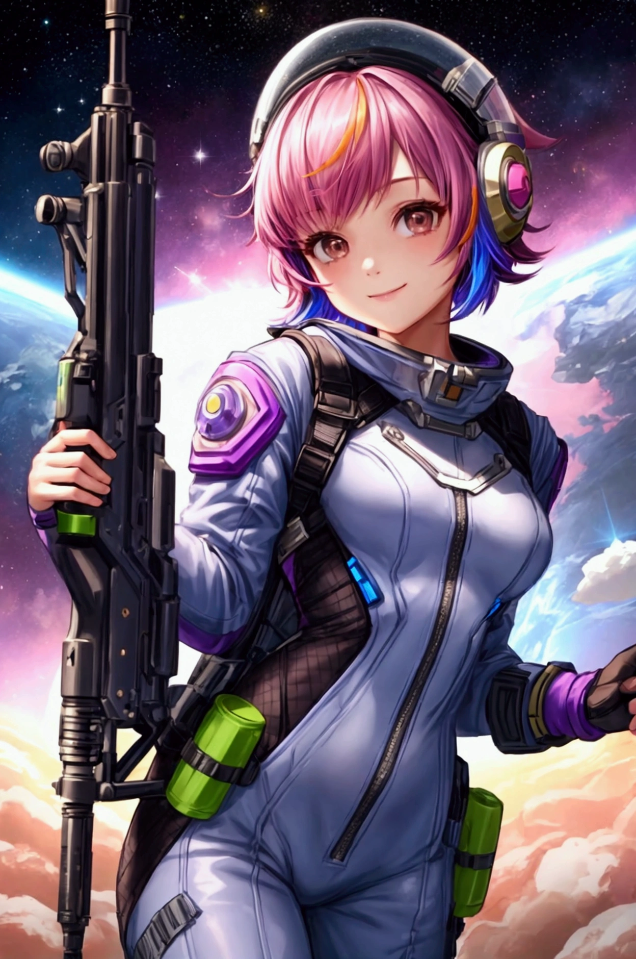 juno overwatch, 1girl, solo, weapon, blaster, purple hair, space helmet, space, holding gun, holding, looking at viewer, smile, short hair, multicolored hair, brown eyes, pink hair, bodysuit,in space