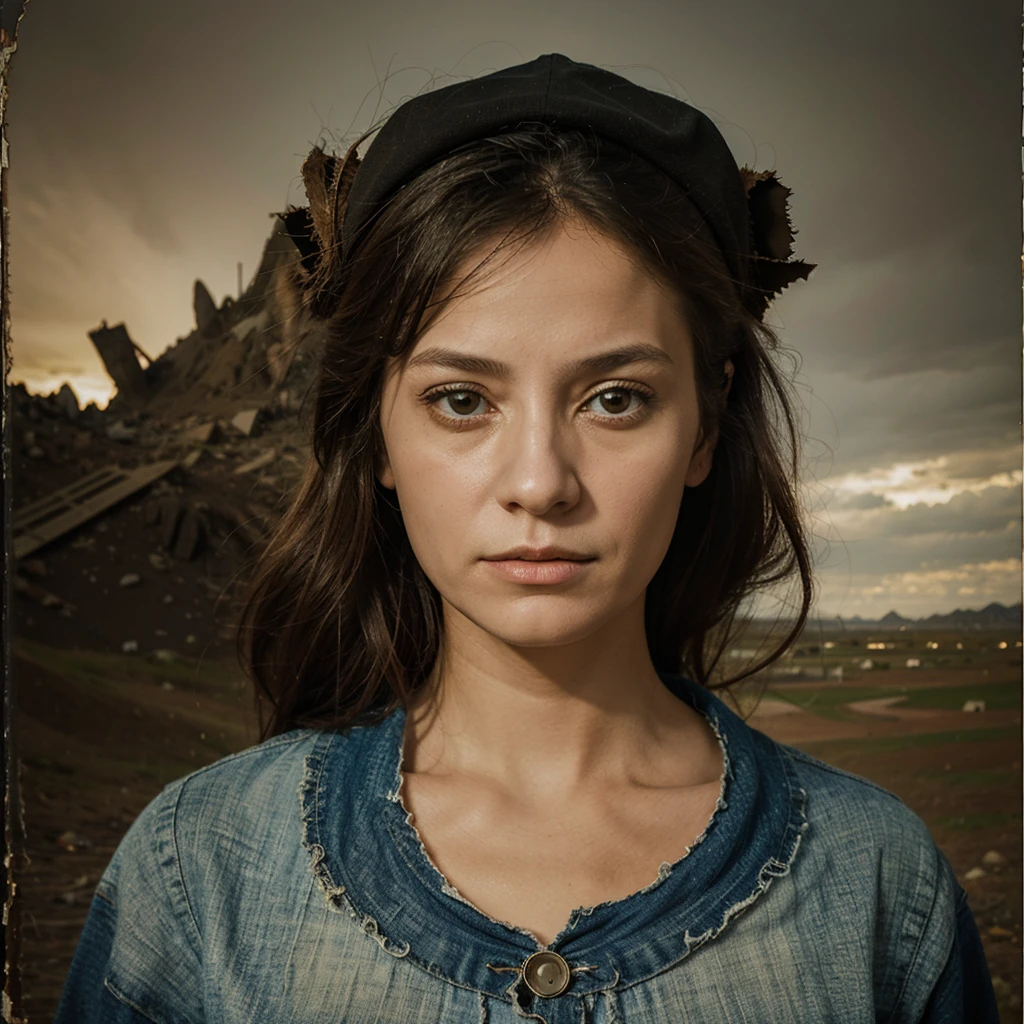 woman in torn clothes, portrait, inspired by the painting of Hieronymus Bosch, against the background of a surrealist landscape