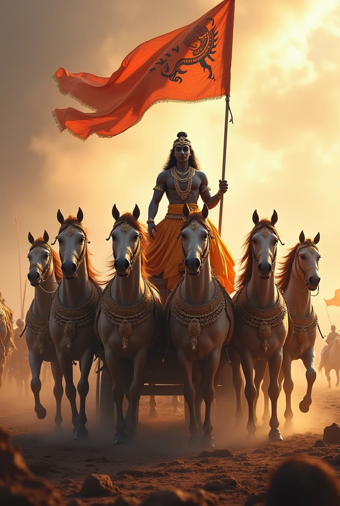 (photorealism:1.2), lord sri krishna and arjuna standing on chariot with six horses, in mahabarat war,hanuman flag