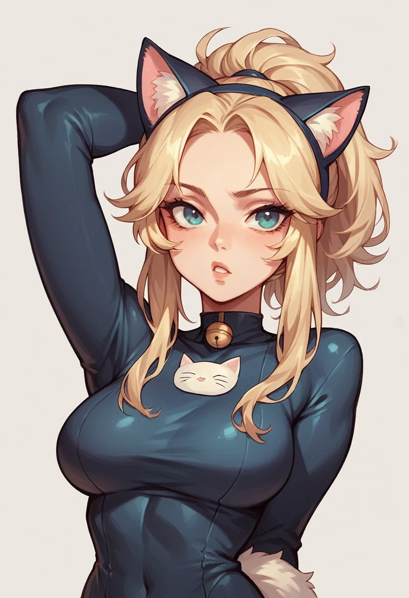 Detailed face and skin texture, Beautiful woman, Blonde middlehair, cat suit