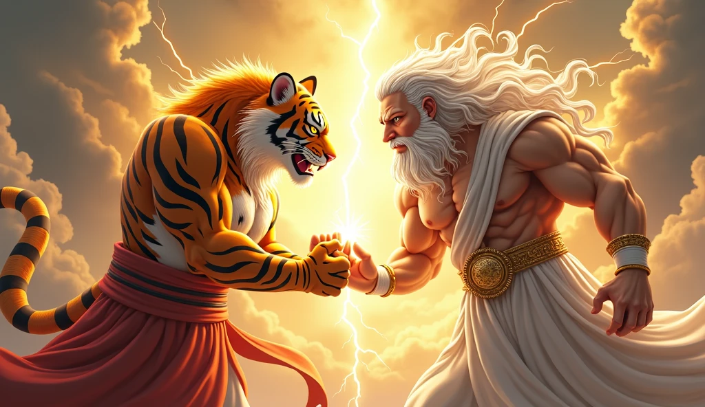 Scenario: The scene should depict two characters in a fusion posture, similar to the fusion of Goku and Vegeta from Dragon Ball-Z.

Character 1 (fortune tiger): An anthropomorphic tiger, with a strong and muscular appearance, wearing a traditional Chinese dress in gold with red details. The tiger must be in the fusion pose, with the finger pointing at the other character.

Character 2 (Gate of Olympus - Old Man of Lightning): A character similar to Zeus, with a long beard and flowing white hair, wearing a white Greek toga with gold details. He must be in the fusion pose, mirroring the tiger pose, with the finger pointing at the tiger.

Efeitos: Lightning and sparks should emanate from the meeting point of the two characters&#39; fingers., representing the fusion.

fund: An epic and heavenly setting, com nuvens, lightning and a golden aurora in the background to give a mystical tone to the fusion.
